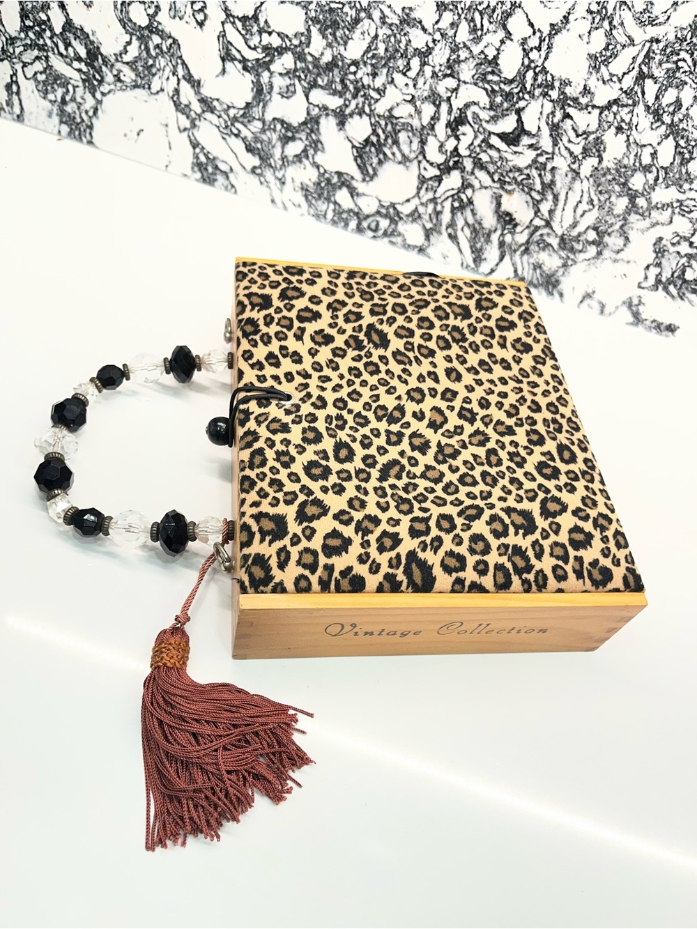 Leopard Cigar Box Clutch with Beaded Handle and Tassel